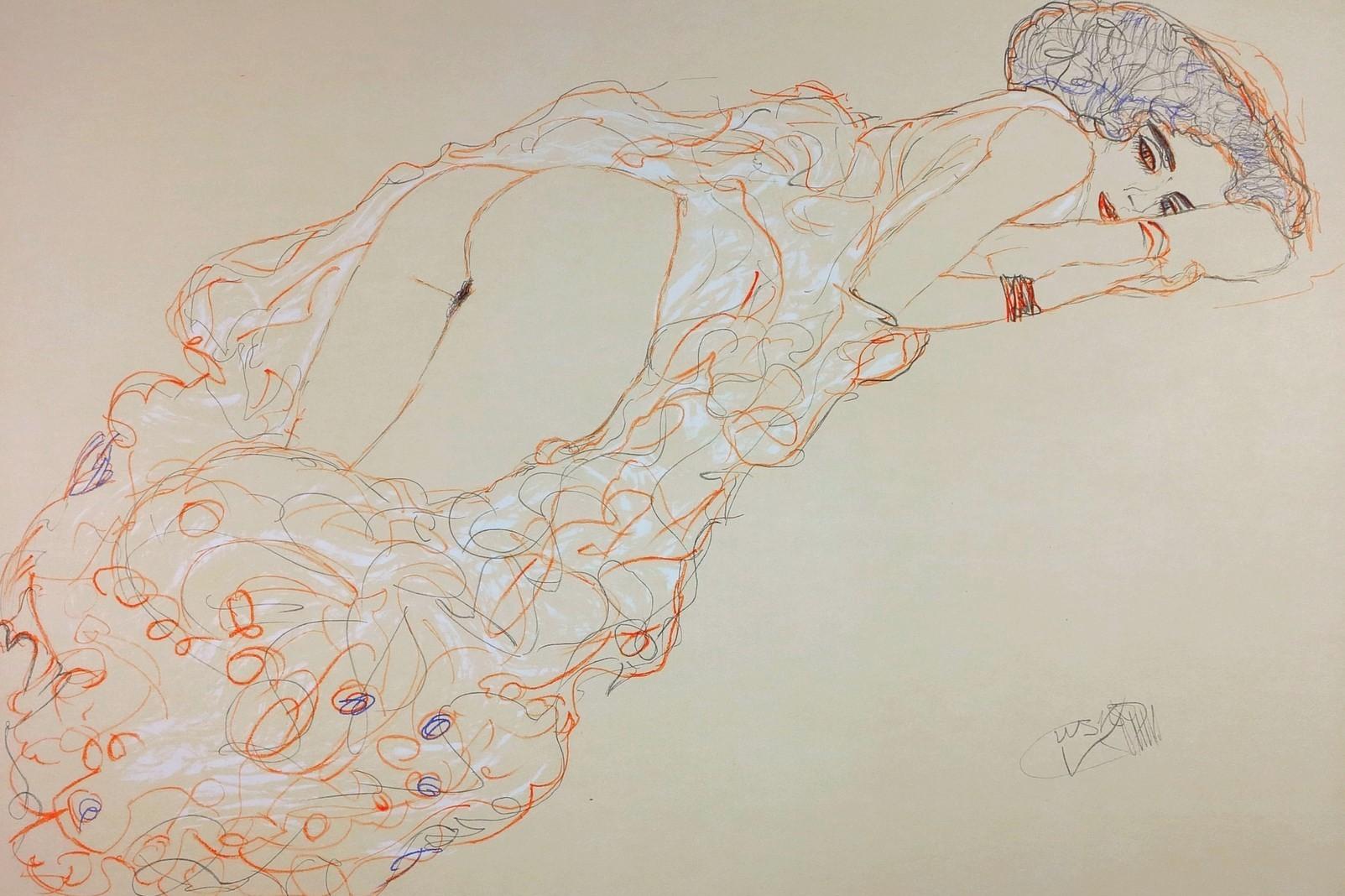Gutav KLIMT | Lithograph |  The girl with a full-lenght dress - 1910 (Reclining Nude Lying on Her Stomach and Facing Right / Auf dem Bauch liegender Halbakt nach rechts)