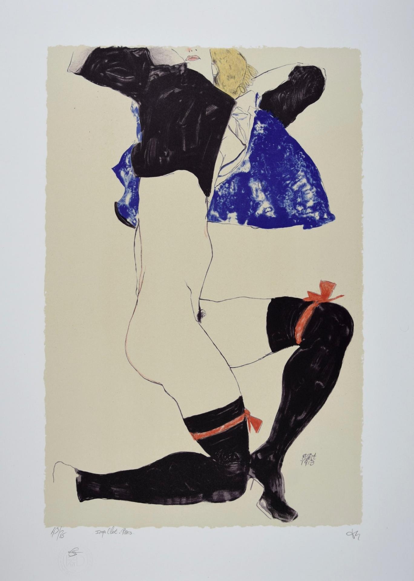 EGON SCHIELE | La fille aux bas noirs et jarretières rouges, 1913 | Lithographie