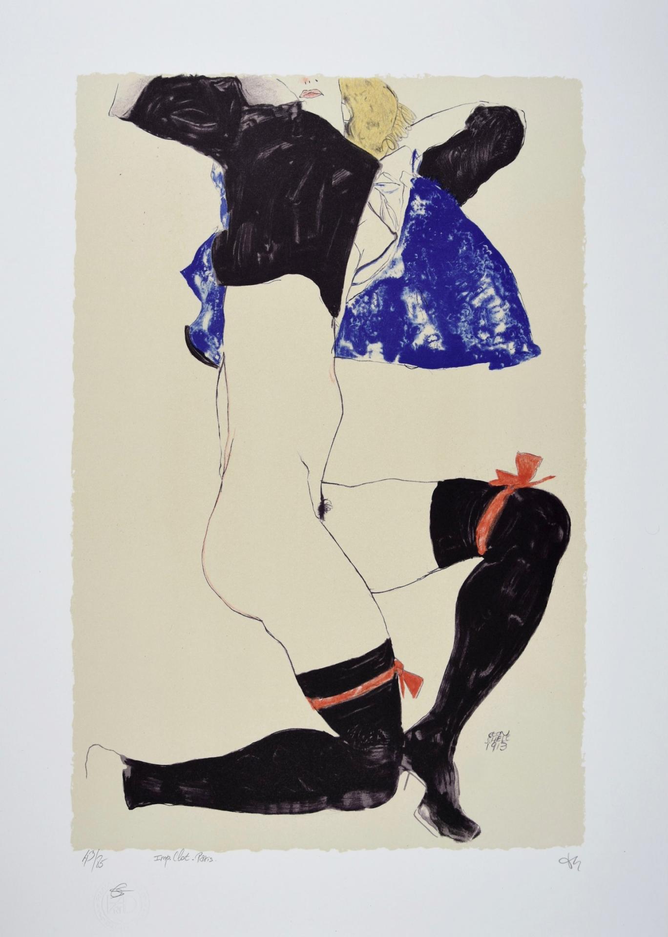 EGON SCHIELE | Lithographie | The girl with black stockings and red garters, 1913 (Liegender Halbtakt mit schwarzen Strümpfen)